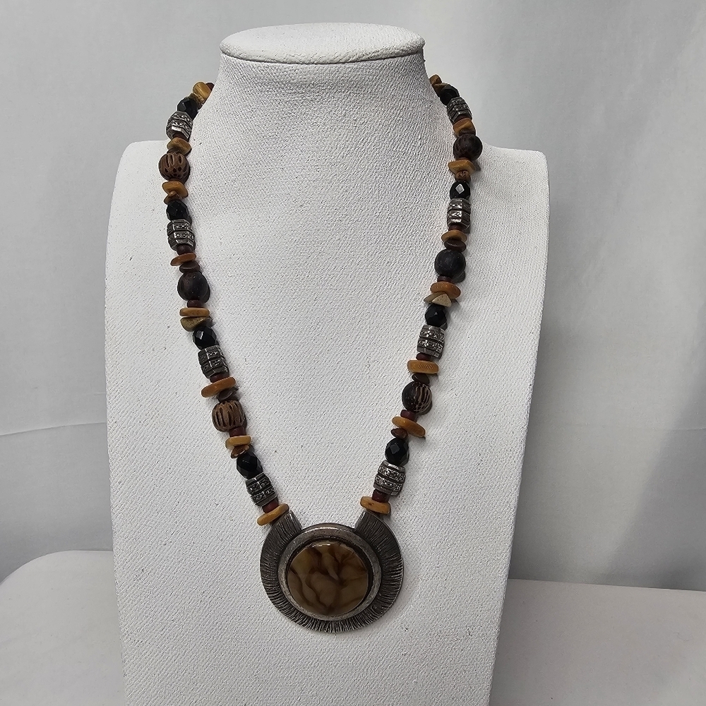 Vintage Chico's Necklace Statement BOHO Style Silver Tone & Lucite Medallion